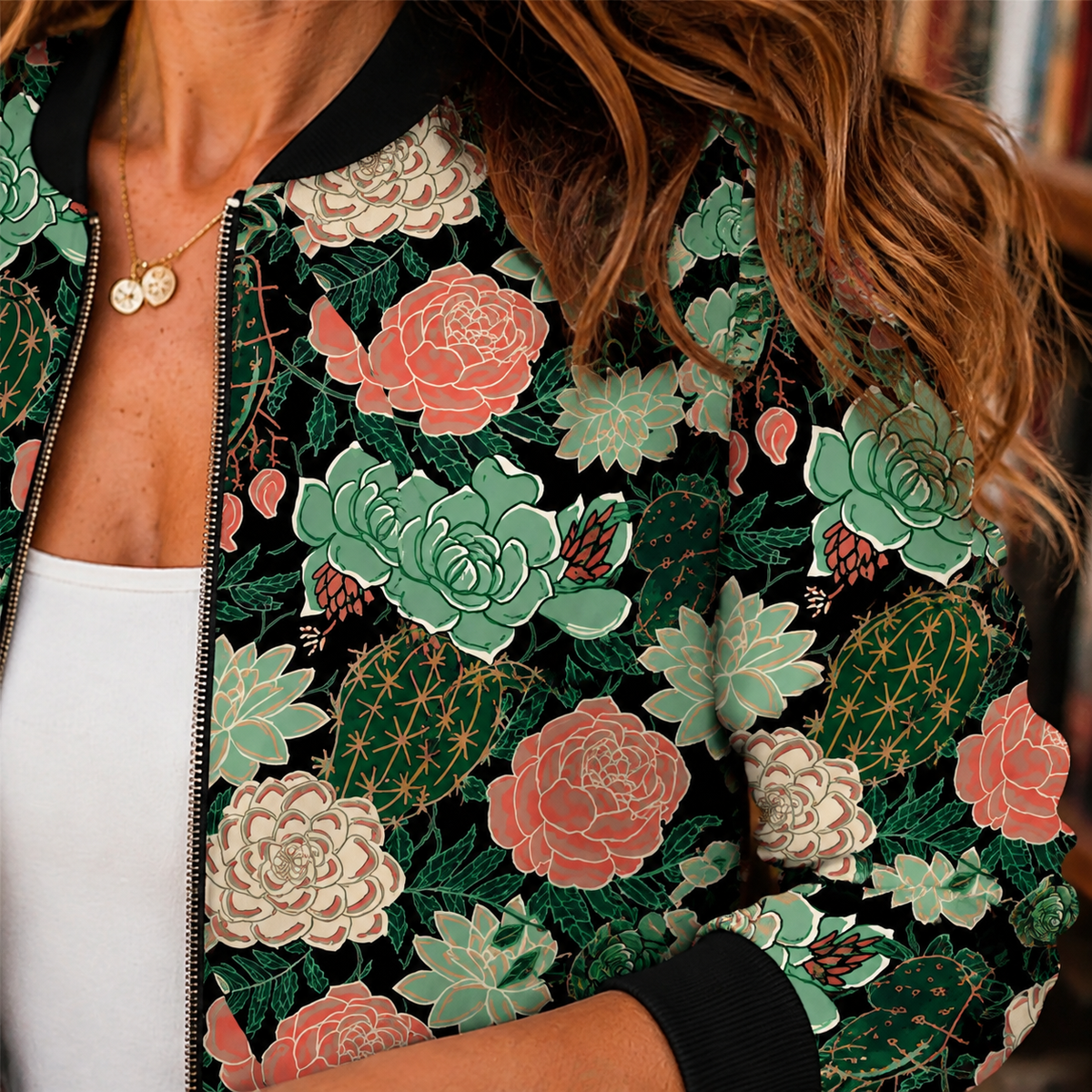 Jacket Polyester Printed Relaxed Hip-Length with Open Zip Front