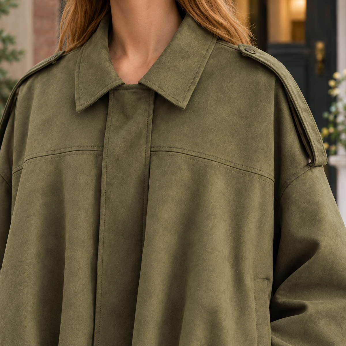 Bomber Jacket Faux Suede Oversized with Batwing Sleeves and Zip