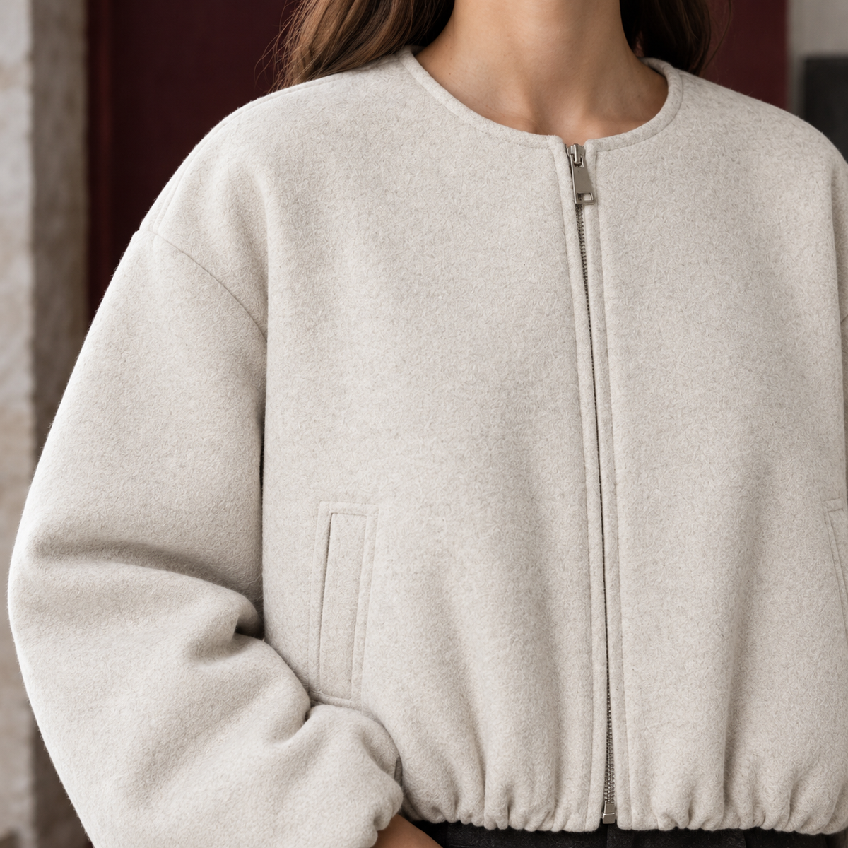 Cropped Jacket Polyester Brushed with Round Neckline and Zip Front