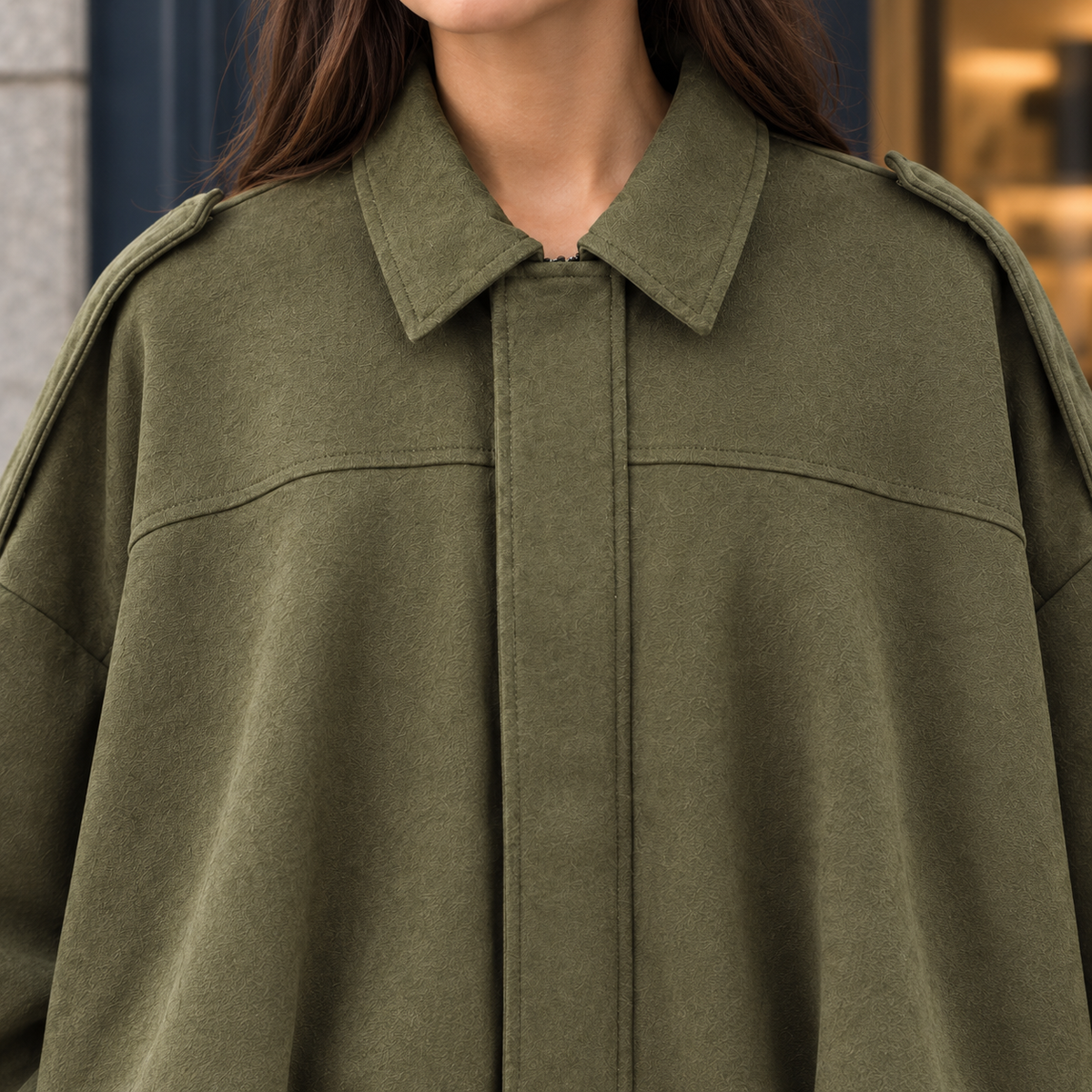 Bomber Jacket Faux Suede with Batwing Sleeves and Gathered Bubble Hem