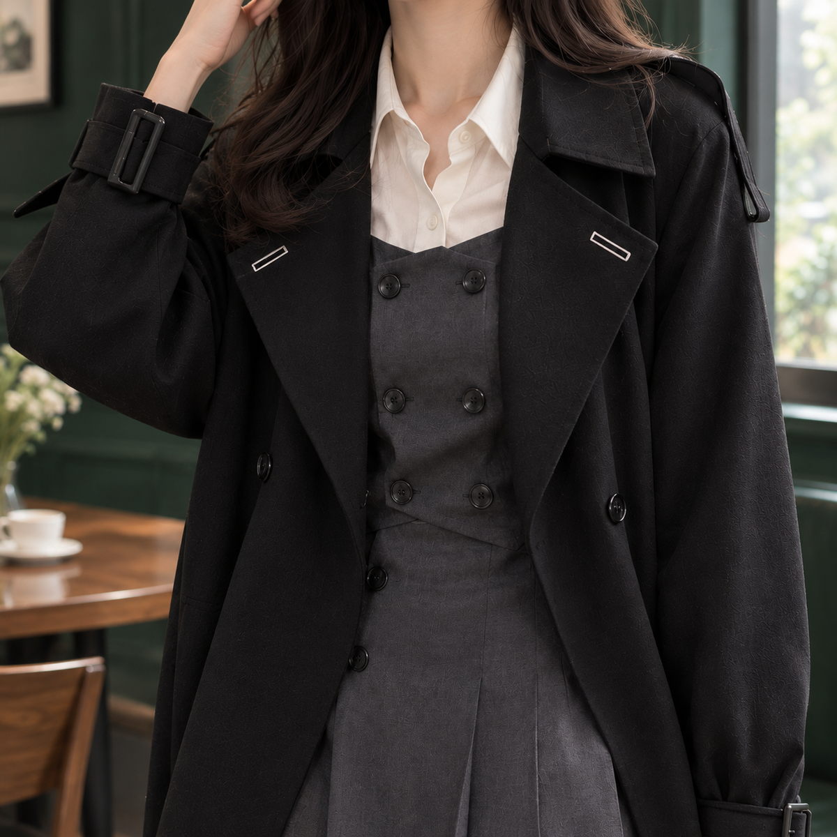 Overcoat Polyester Double-Breasted Longline with Buckled Cuff Straps