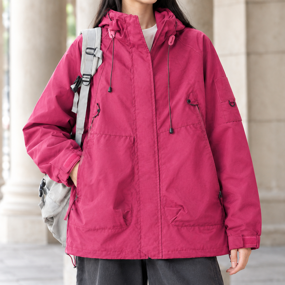 Utility Jacket Cotton Blend Hooded with Concealed Zip and Four Pockets