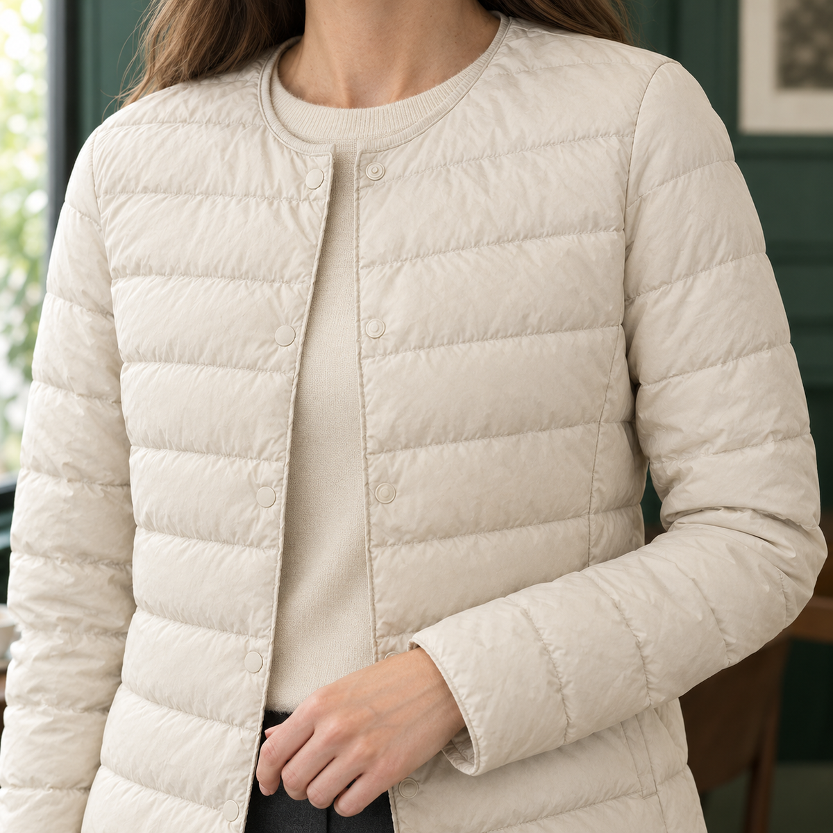 Quilted Jacket White Duck Down Filled Slim Hip-Length with Snap Front