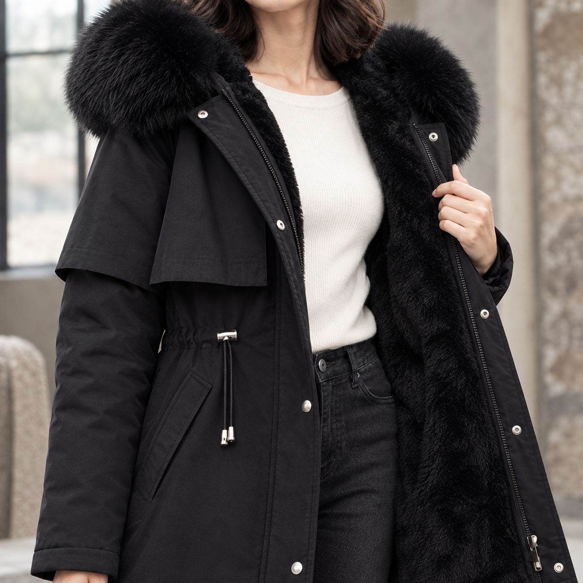 Hooded Coat Cotton Fill Longline with Plush Lining and Zip and Snap
