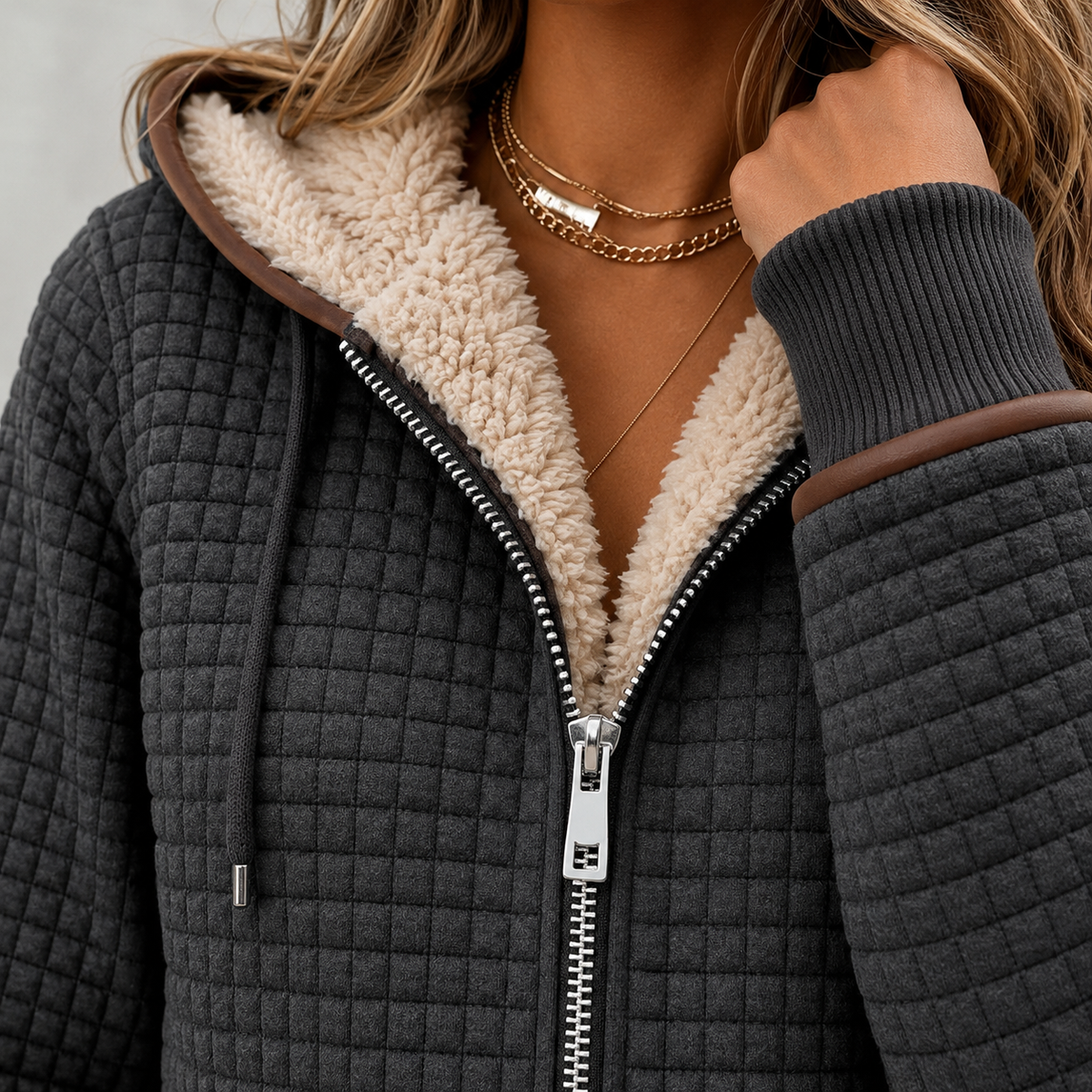 Quilted Jacket Polyester Hooded with Sherpa Lining and Full Zip