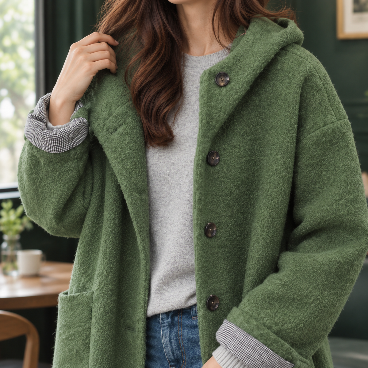 Hooded Coat Wool Blend Relaxed Longline with Button Front