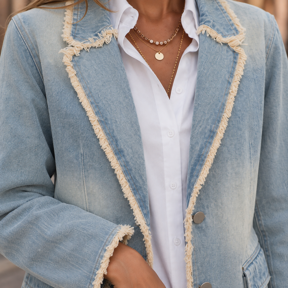 Blazer Washed Denim Oversized Longline with Frayed Edges