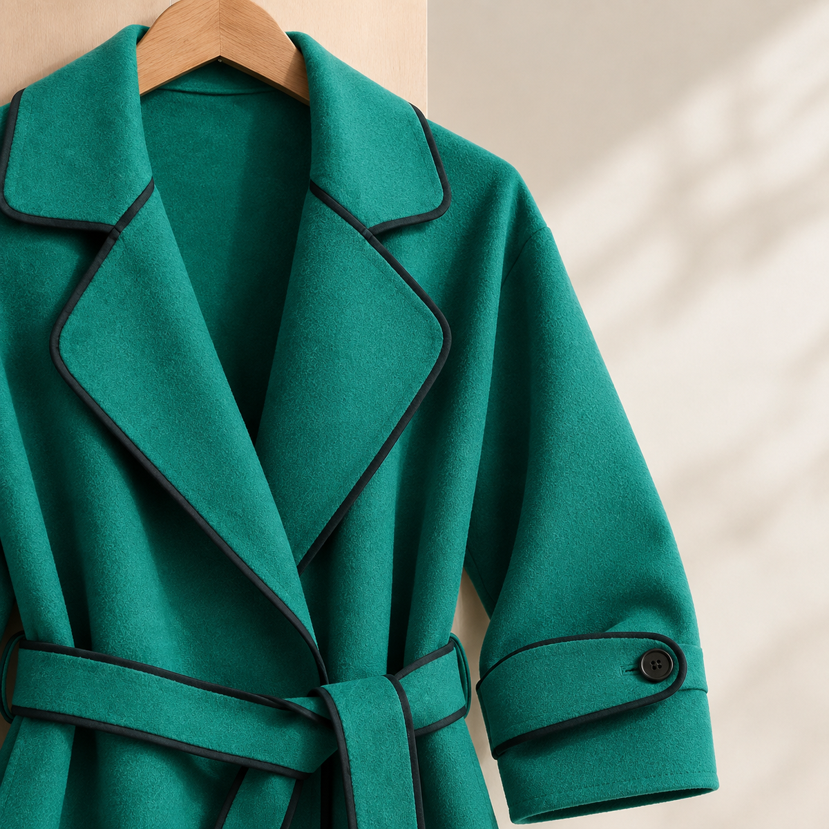 Coat Cashmere-Feel Brushed Polyester Wrap with Contrast Piping