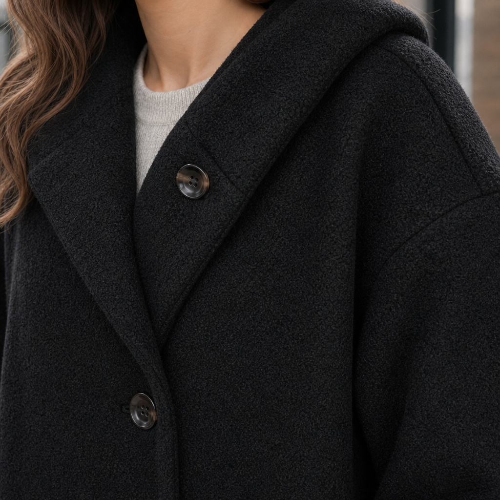 Hooded Coat Cotton Blend Loose Knee-Length with Broad Lapels