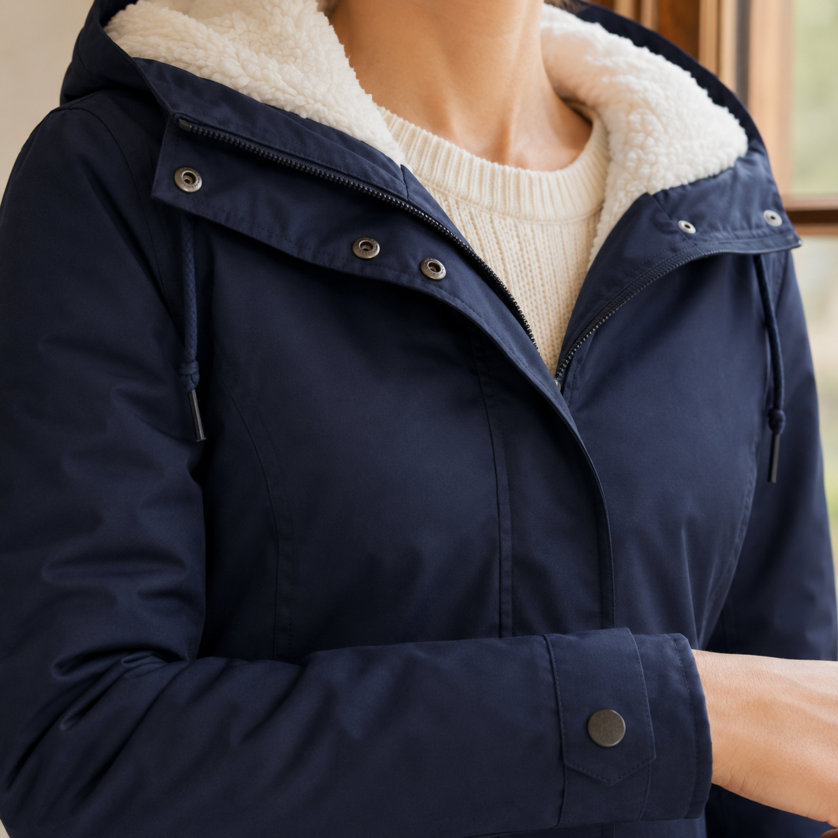 Parka Polyester Fitted with Pile-Lined Hood and Concealed Zip