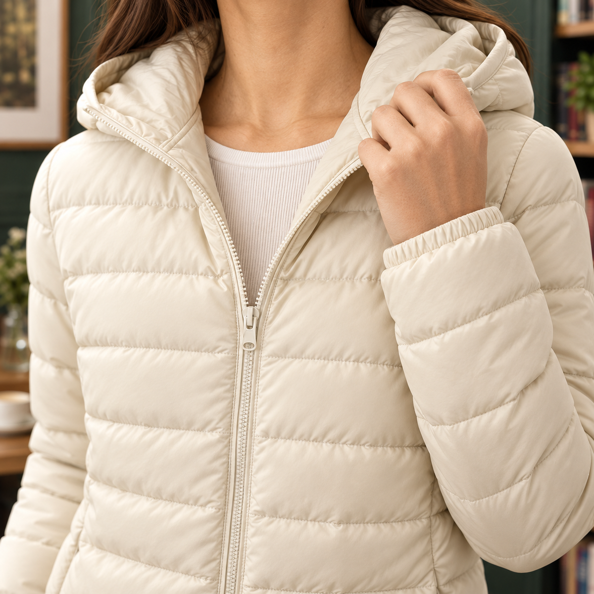 Puffer Jacket Cashmere-Feel with Hood, Down Filling and Full Zip