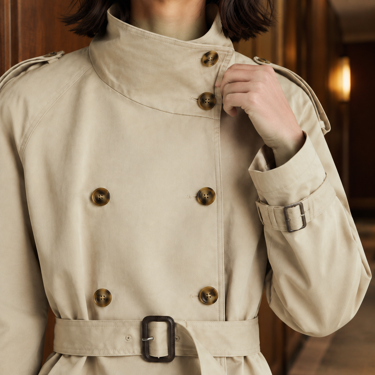 Trench Jacket Polyester Cropped with Funnel Collar and Strapped Cuffs