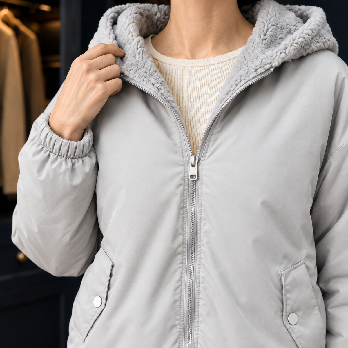 Hooded Jacket Polyester Fleece-Lined with Full Zip and Snap Pockets