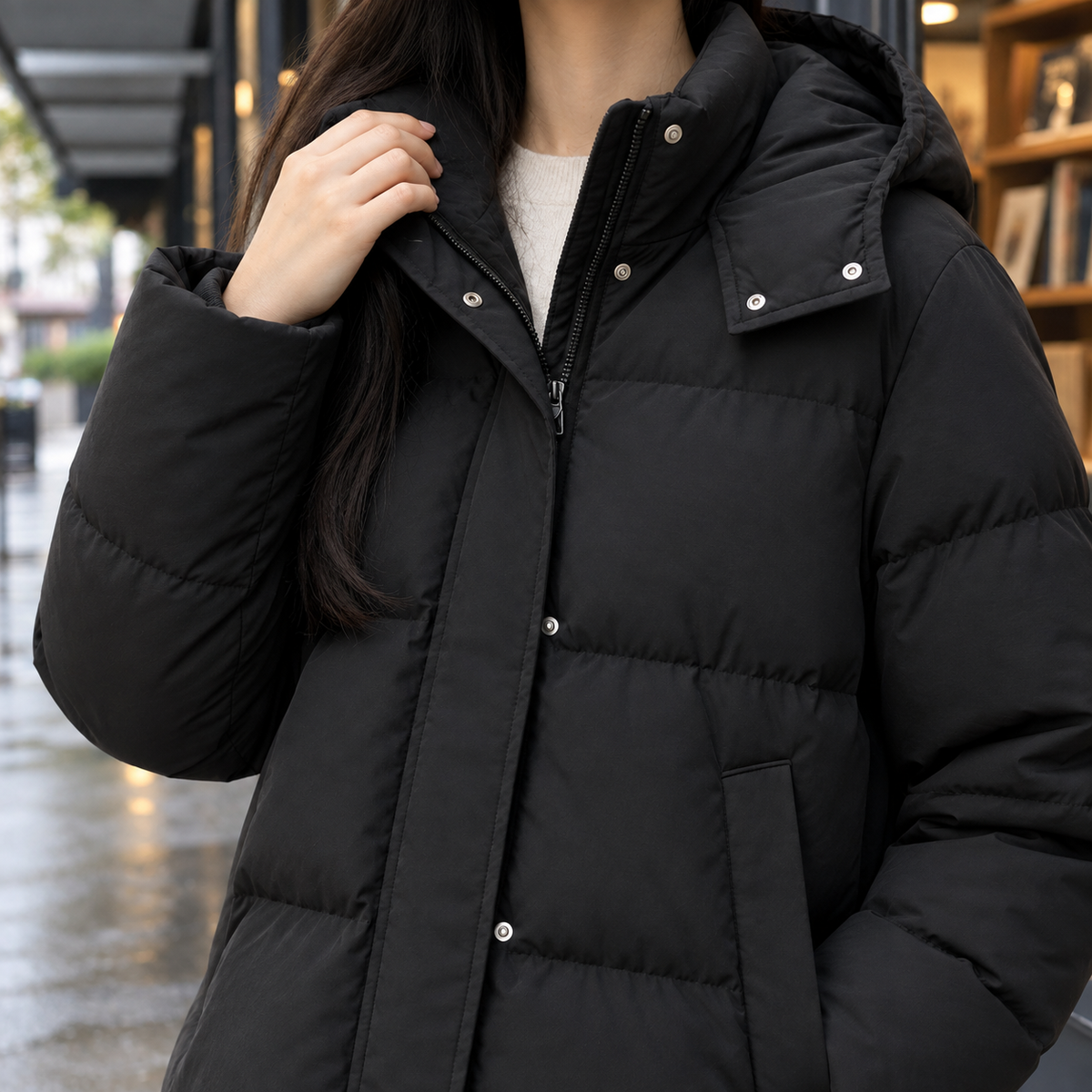 Puffer Jacket Down Filled Loose Waist-Length with Attached Hood