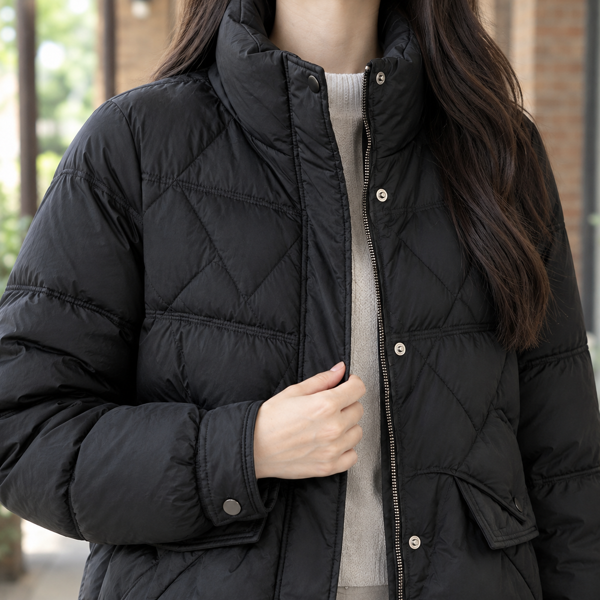 Quilted Jacket Duck Down Waist-Length with Stand Collar, Flap Pockets