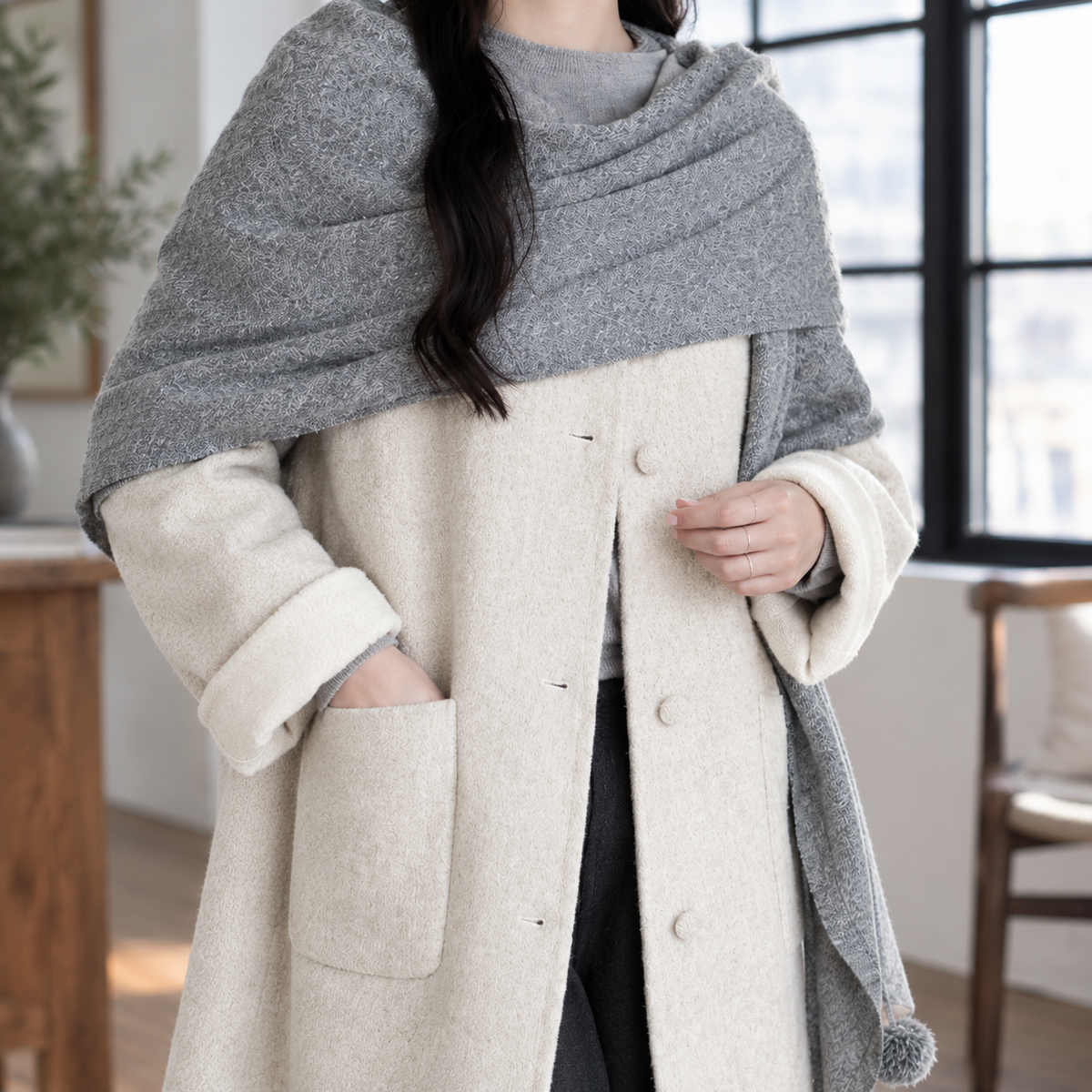 Coat Wool Blend Extra-Long with Patch Pockets and Pom-Pom Scarf