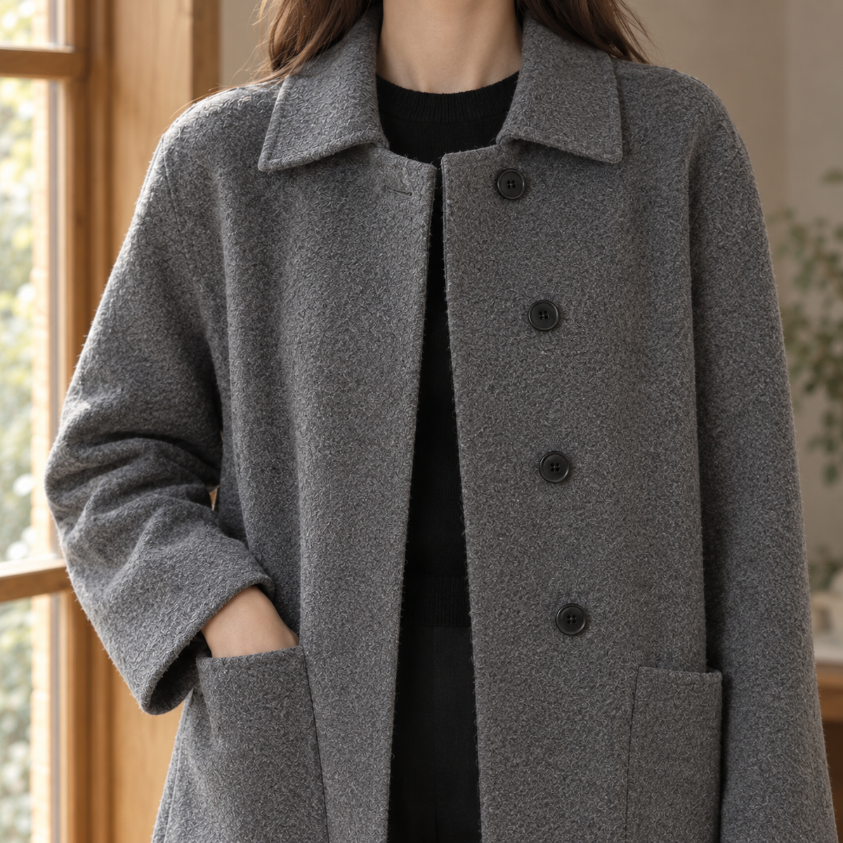 Coat Wool Longline Loose Straight with Oversized Patch Pockets