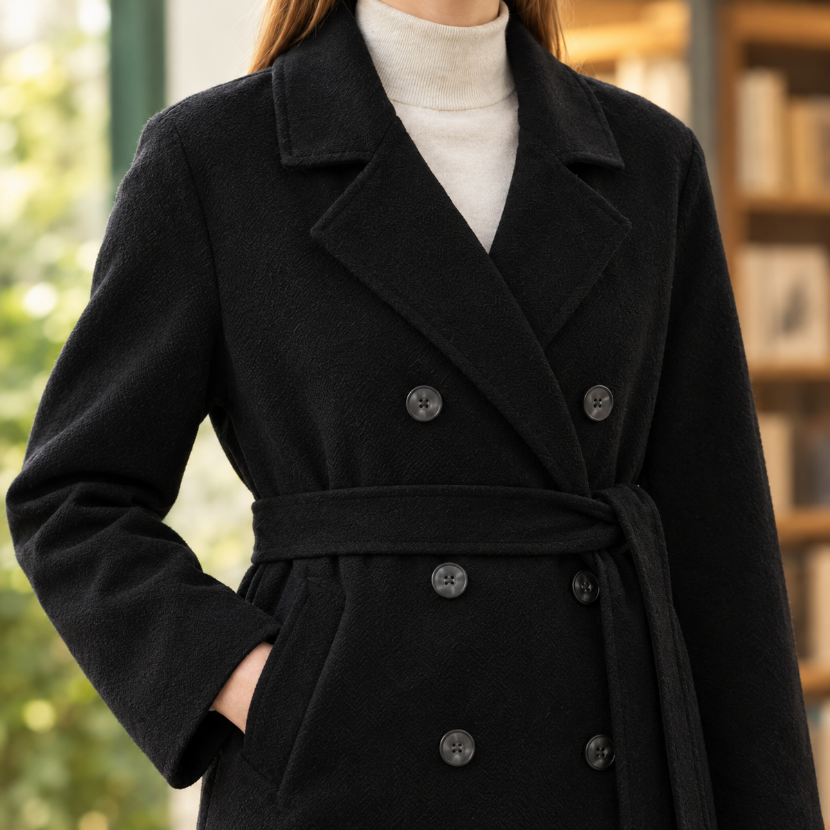 Coat Wool Double-Breasted Longline Straight with Self-Tie Belt
