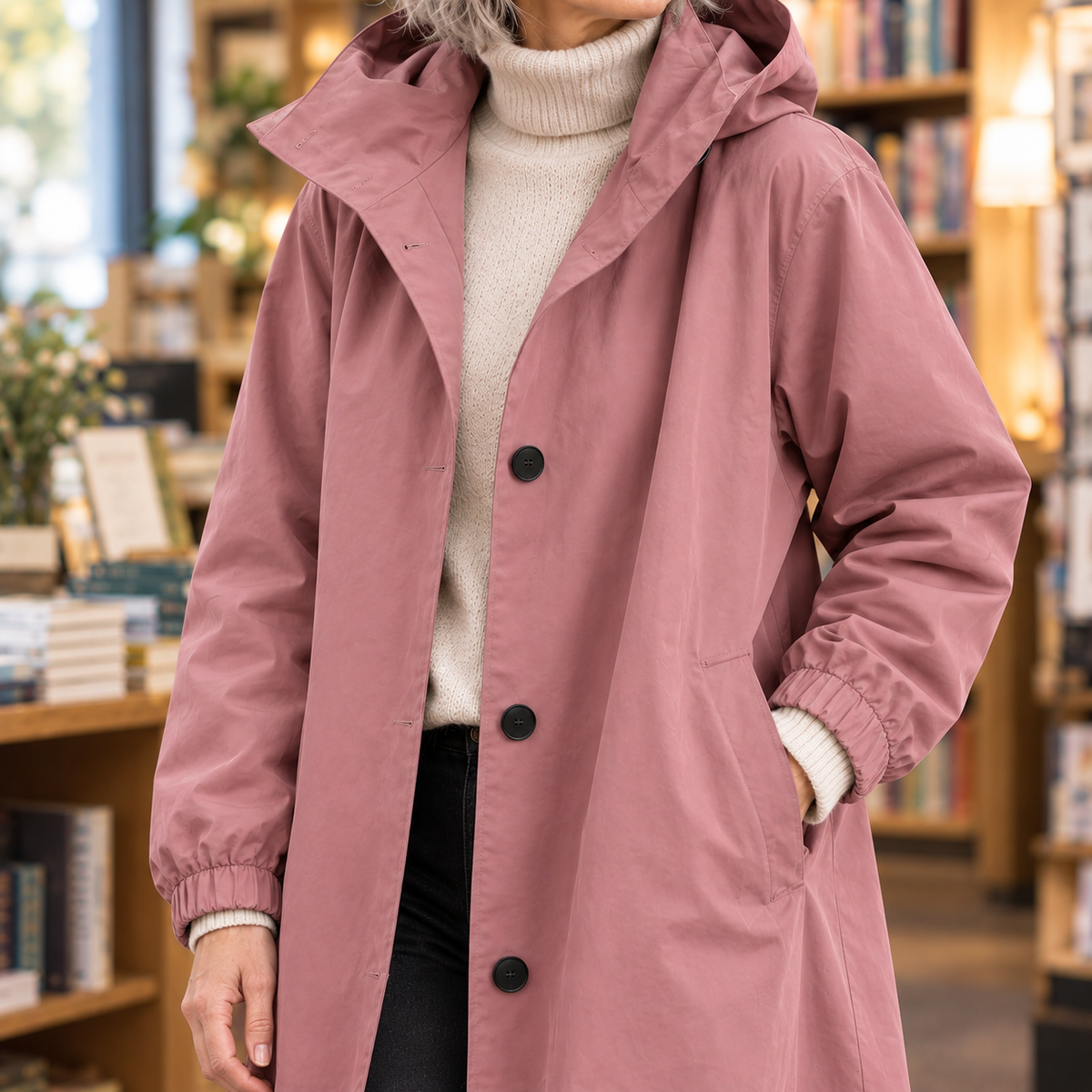 Overcoat Polyester Hooded Longline with Button Front and Side Pockets