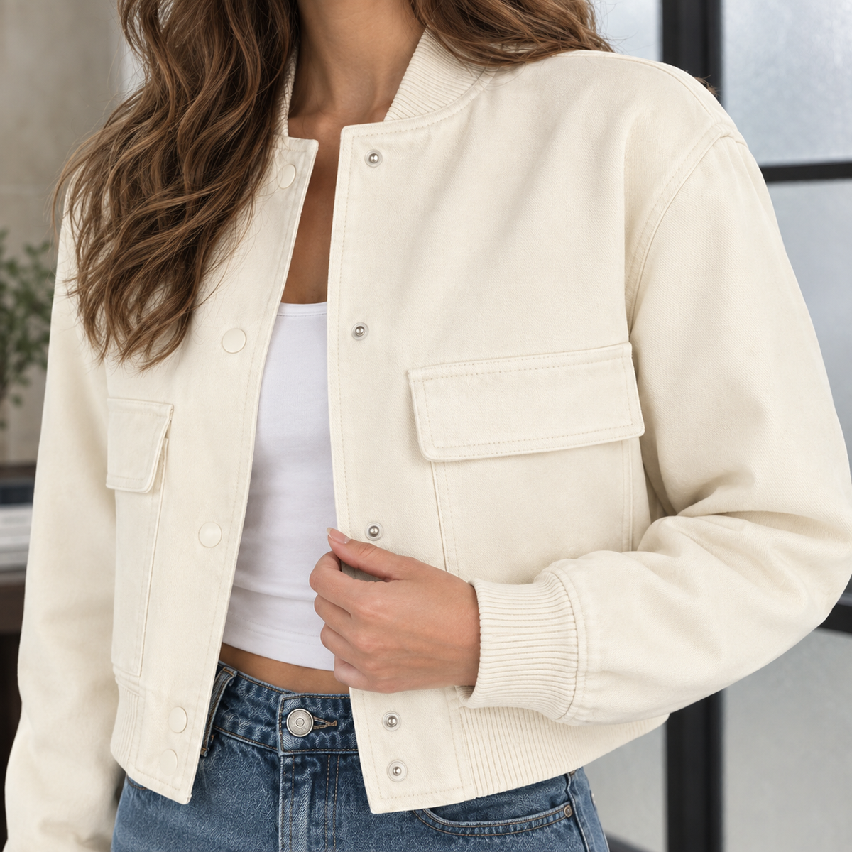 Cropped Utility Jacket Polyester with Ribbed Collar and Chest Pockets