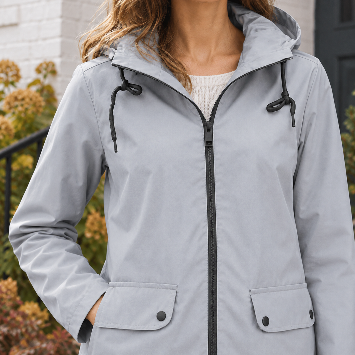 Hooded Jacket Polyester Straight with Full Zip and Fishtail Hem