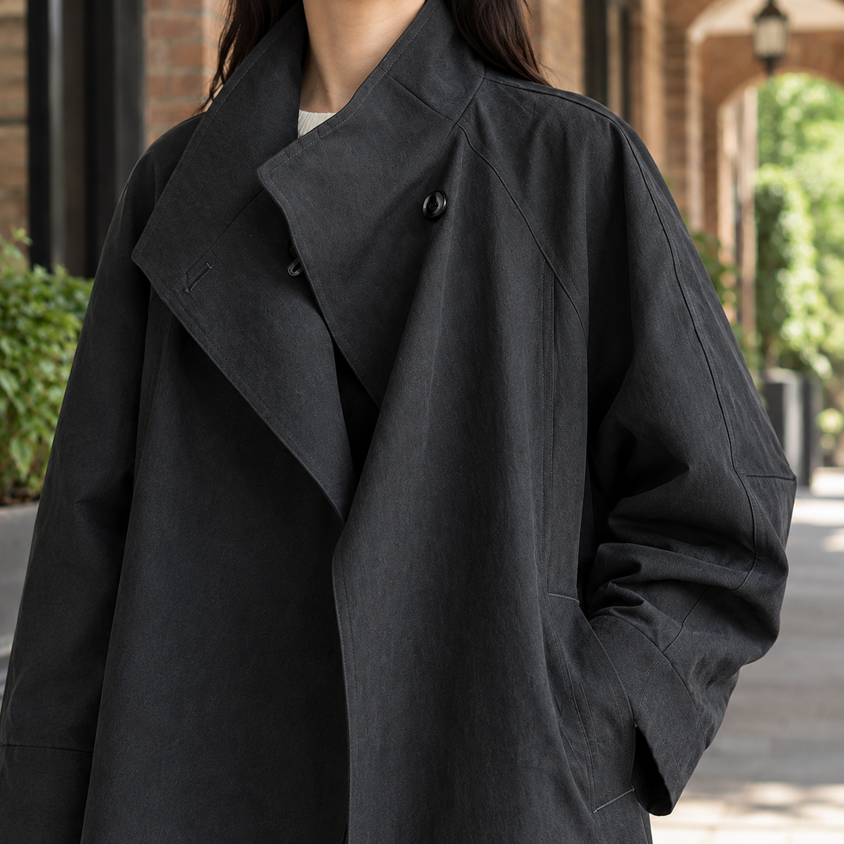 Overcoat Polyester Relaxed Longline with Sculptural Stand Collar