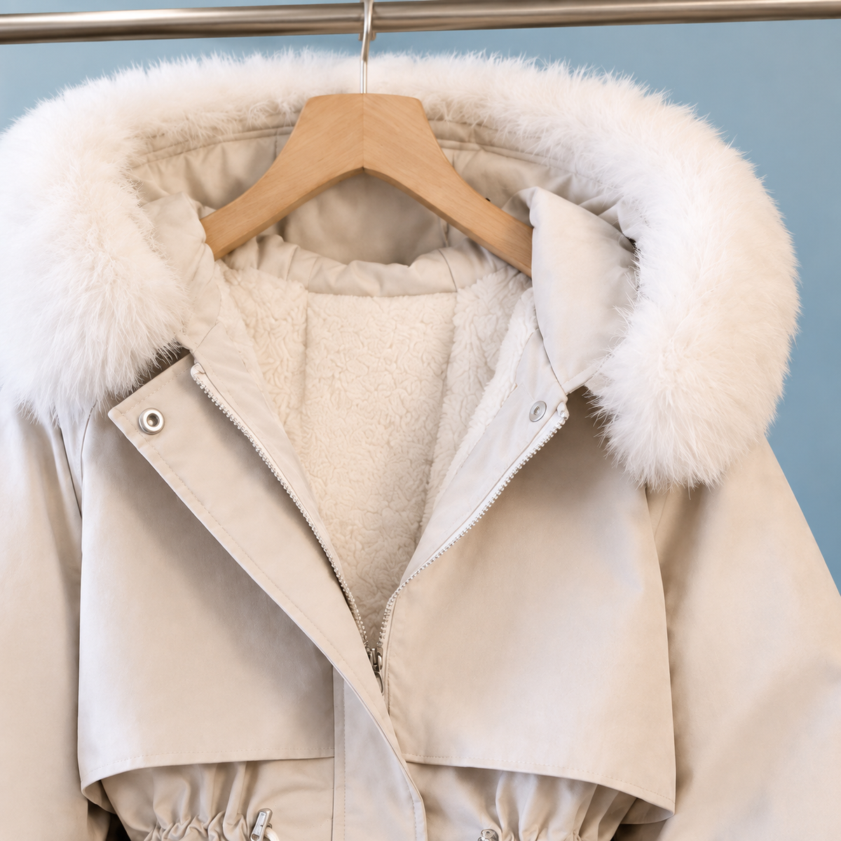 Parka Polyester Short with Faux Fur Hood Trim and Drawstring Waist