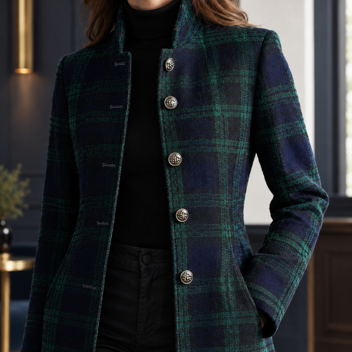 Coat Polyester Plaid Longline Flared with Stand Collar and Buttons