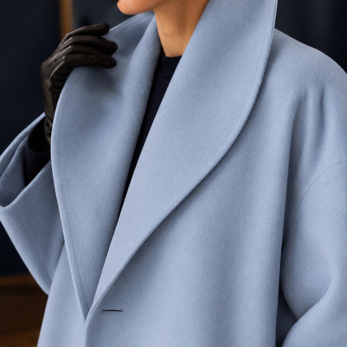 Coat Polyester Oversized Mid-Length with Broad Lapel Collar