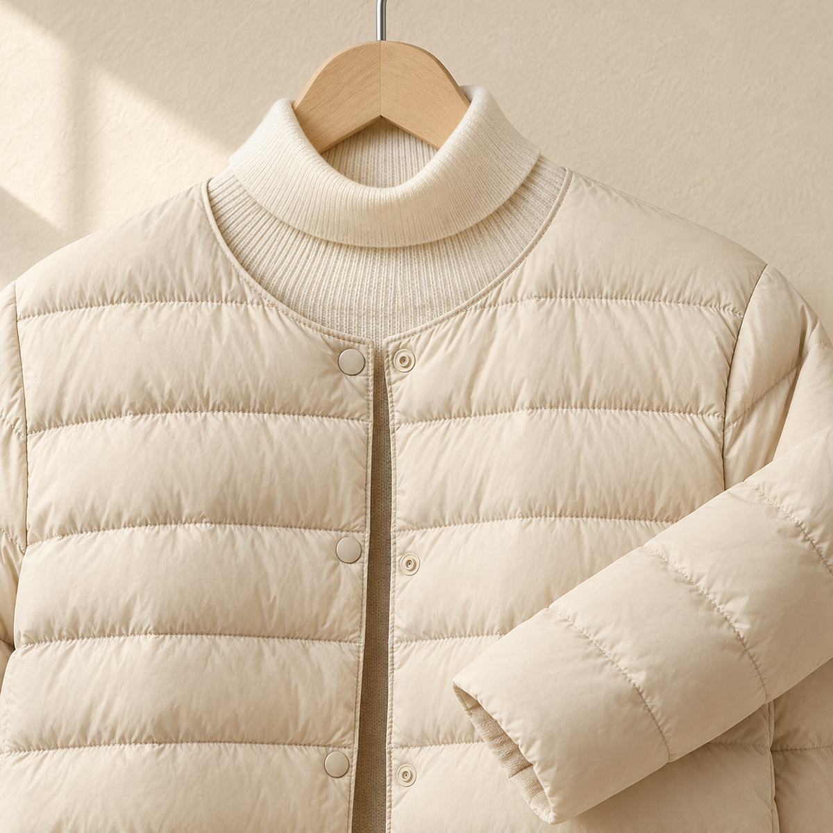 Quilted Jacket Cashmere-Feel with Round Neckline and Tonal Snap Front