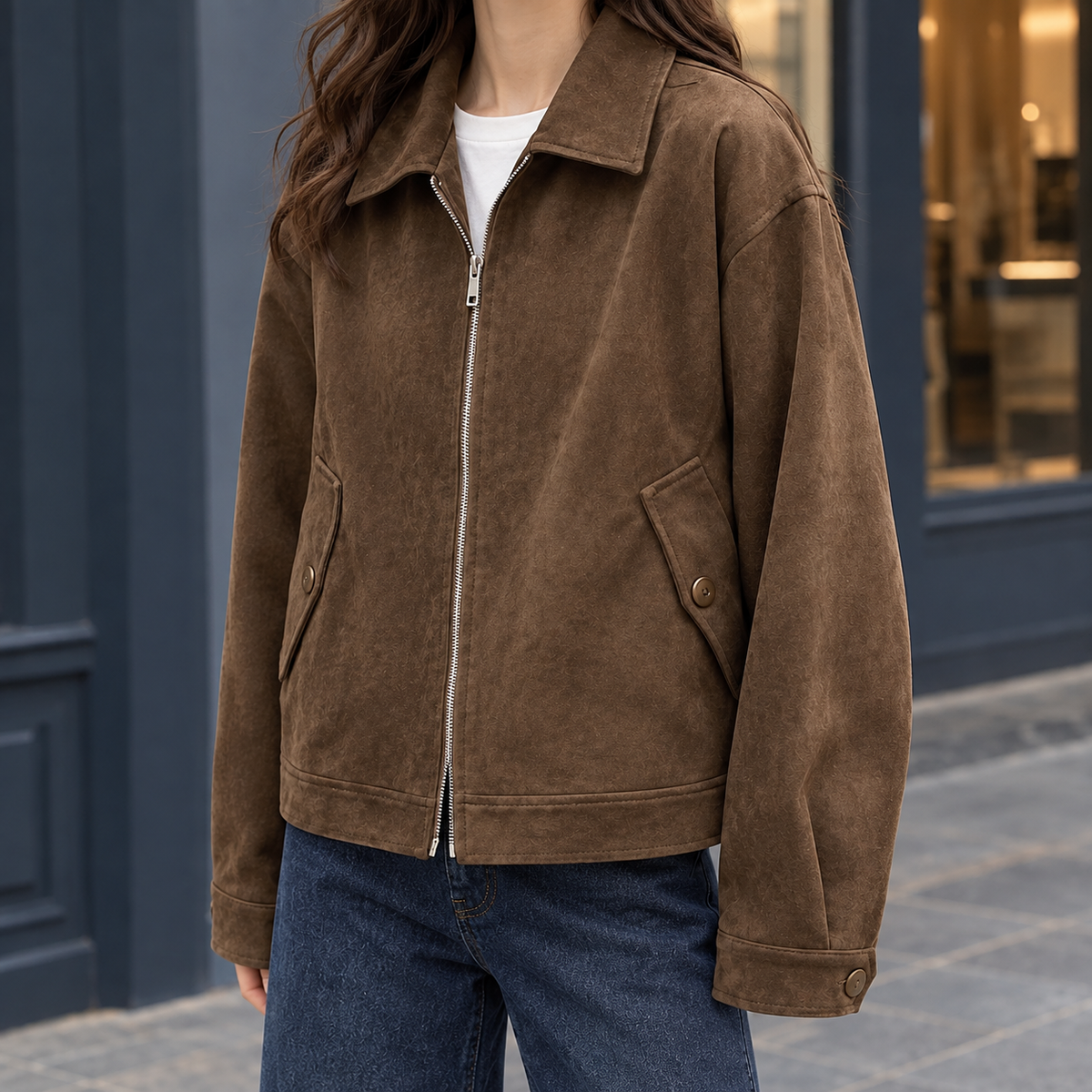 Jacket Faux Suede Hip-Length with Silver-Tone Zip Front