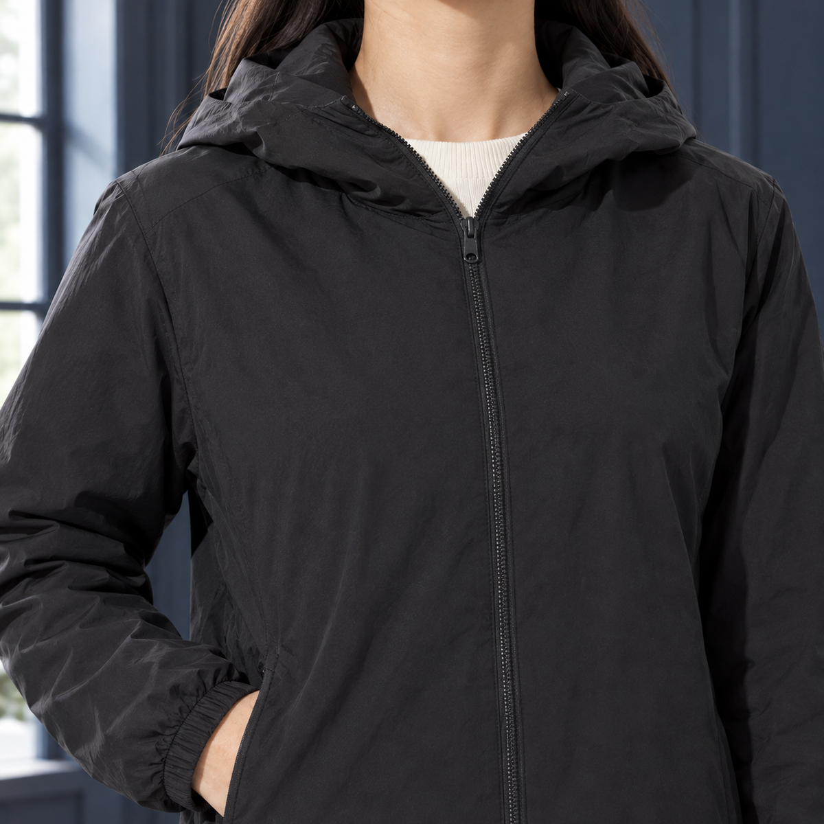 Down Jacket White Duck Down Lightweight with Fixed Hood and Zip