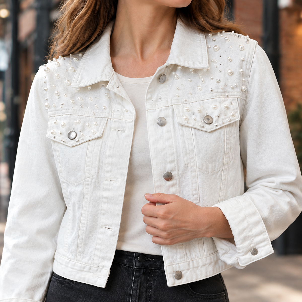 Denim Jacket Washed Cropped with Pearl-Like Studs and Pointed Collar
