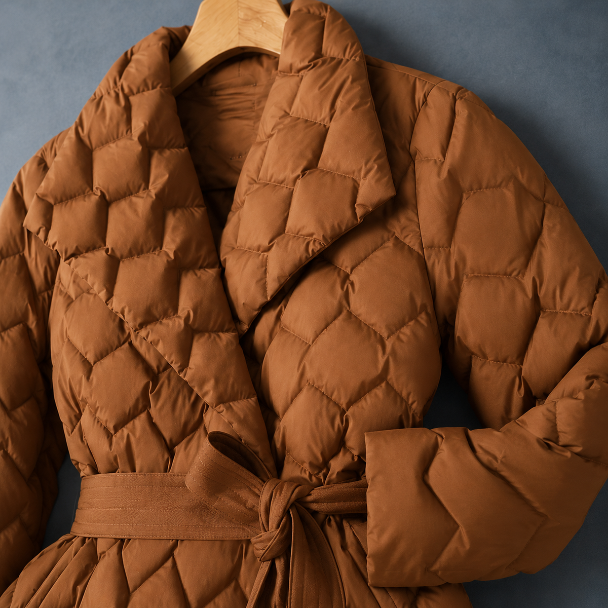 Quilted Jacket Polyester Diamond Quilted with Shawl Collar and Belt