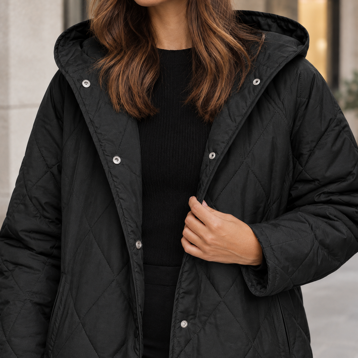 Hooded Quilted Jacket Polyester Diamond Stitching with Snap Front