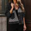 Denim Jacket Animal-Print Patchwork Relaxed with Metal Buttons