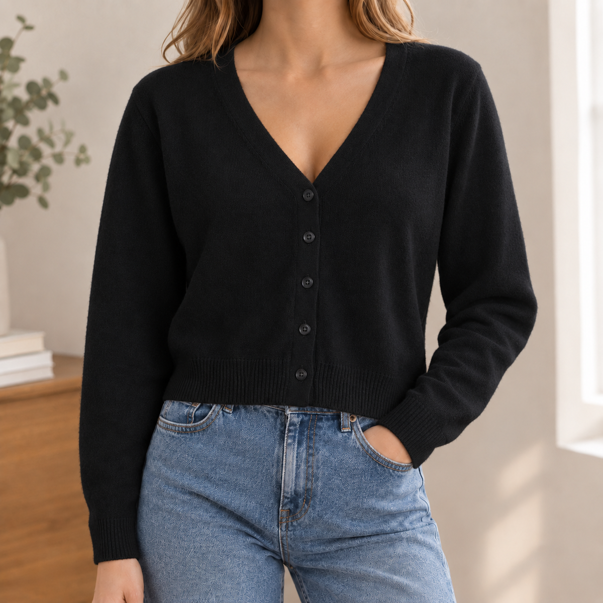 Smooth V-Neck Cardigan with Clean Shape