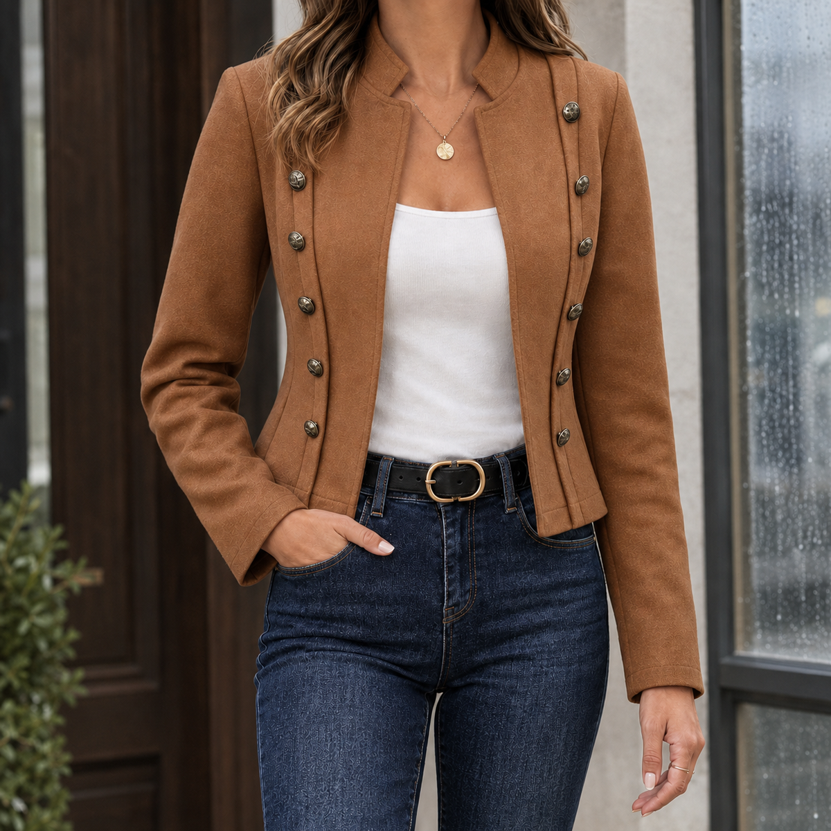 Military Jacket Polyester Cropped Fitted with Embossed Buttons