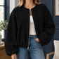 Jacket Polyester Cropped Zip Front with Balloon Sleeves and Round Neck