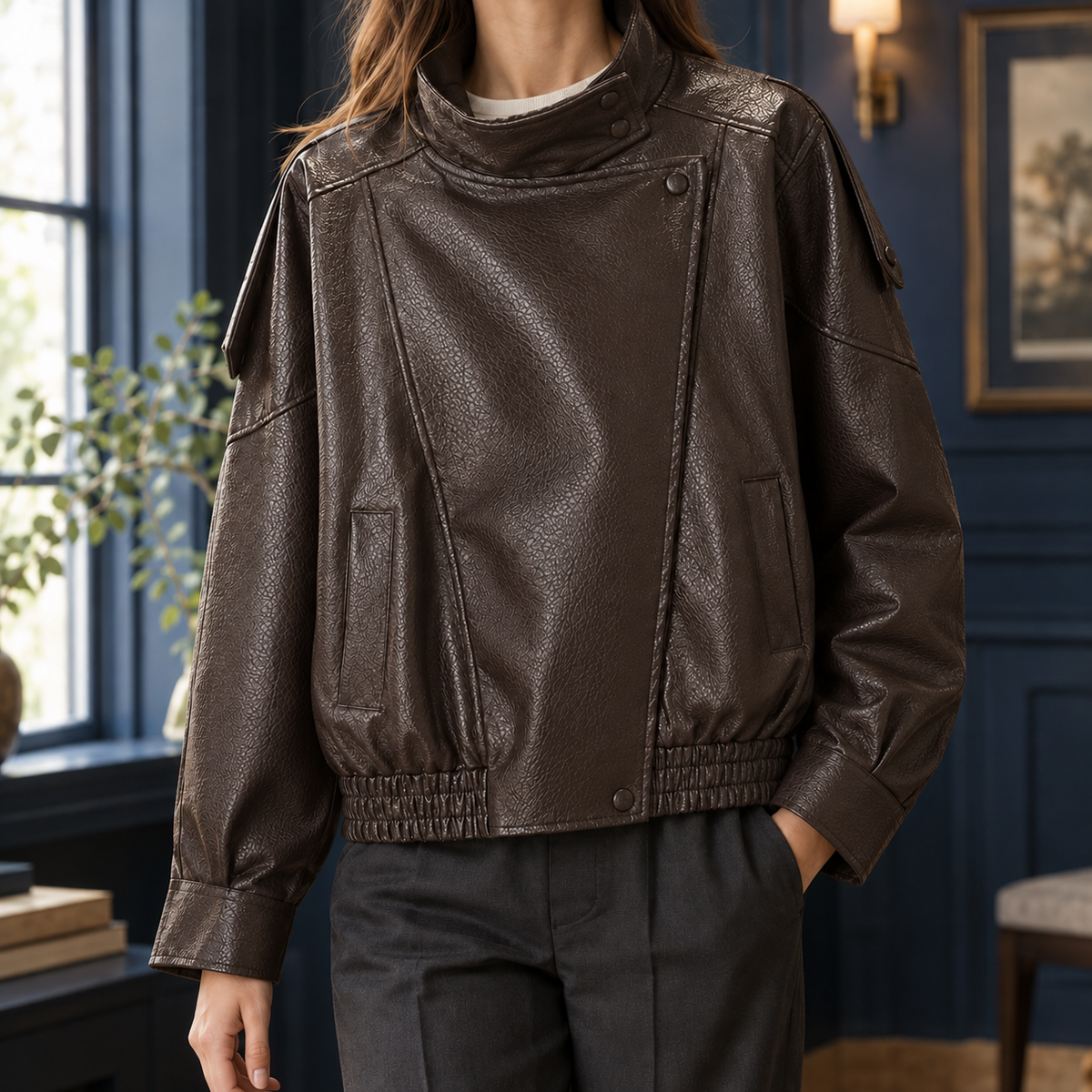 Moto Jacket Faux Leather Cropped with Pebbled Finish and Stand Collar