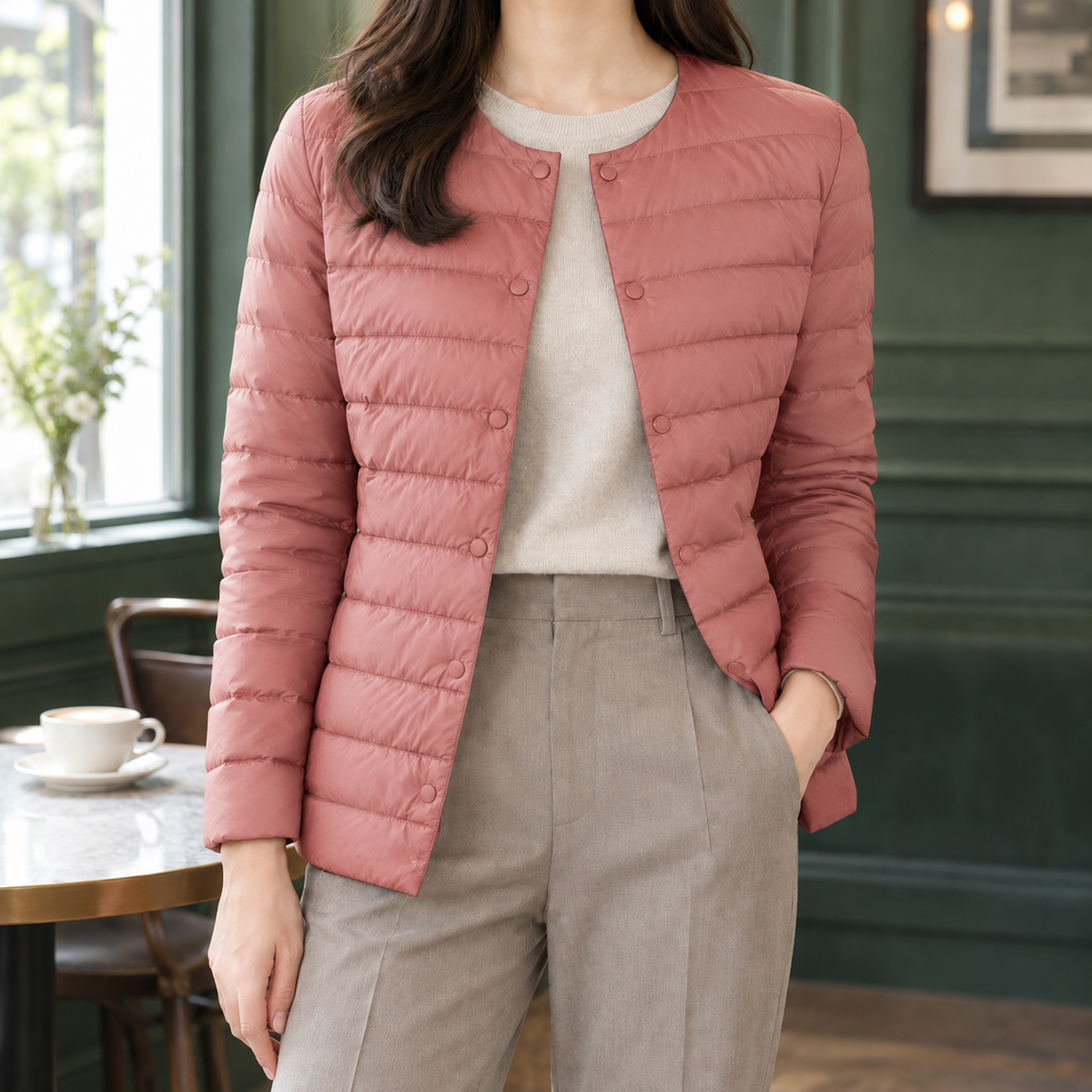 Quilted Jacket Lightweight Down Fill Slim with Collarless Neckline