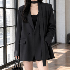 Blazer Polyester Relaxed Longline with Scarf Collar
