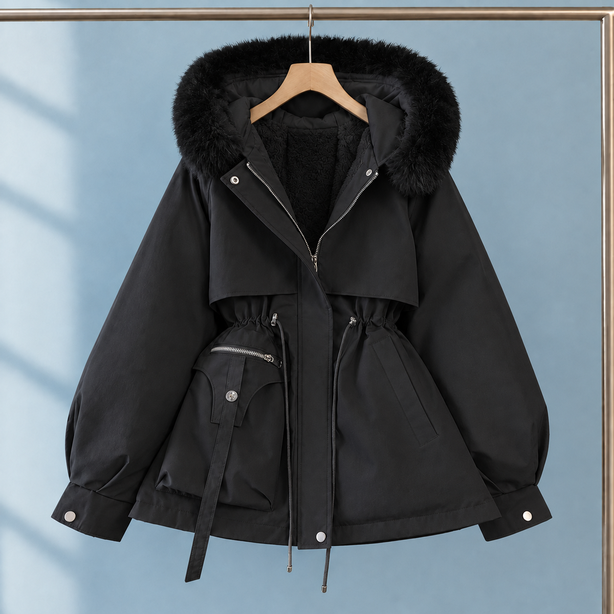 Parka Polyester Short with Faux Fur Hood Trim and Drawstring Waist