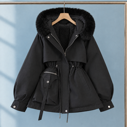 Parka Polyester Short with Faux Fur Hood Trim and Drawstring Waist
