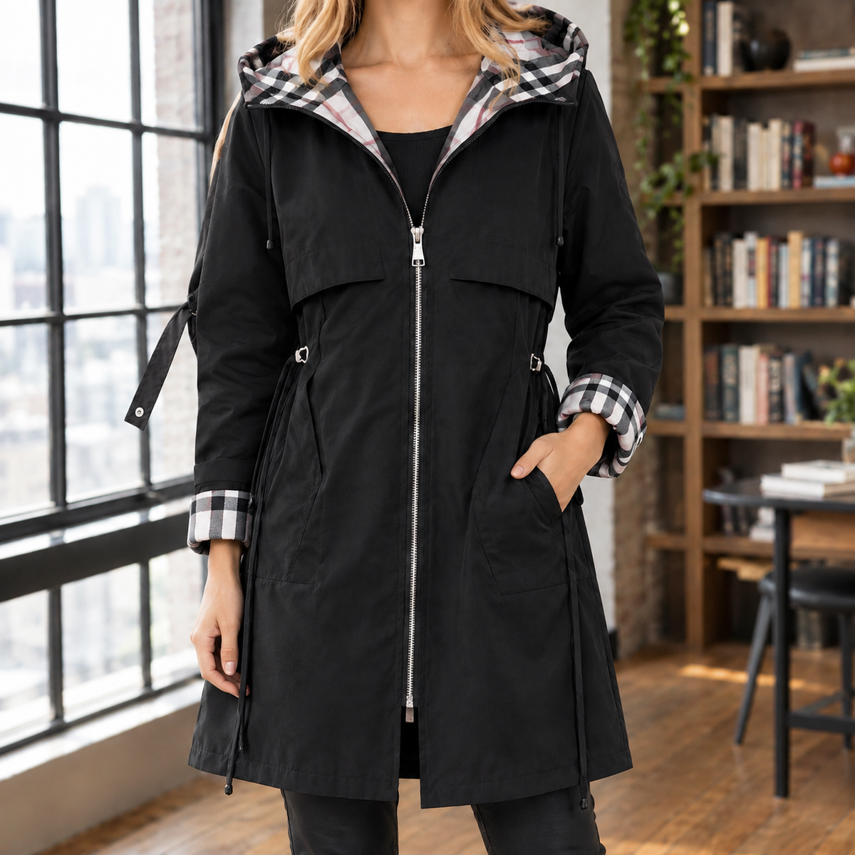 Hooded Jacket Polyester with Check Trim, Full Zip and Drawcord Waist