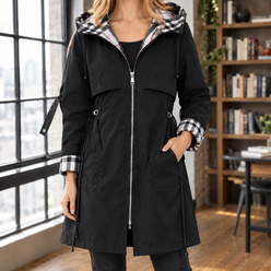 Hooded Jacket Polyester with Check Trim, Full Zip and Drawcord Waist