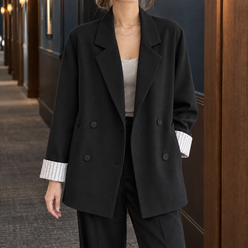 Blazer Cotton Blend Relaxed Double-Breasted with Striped Cuffs