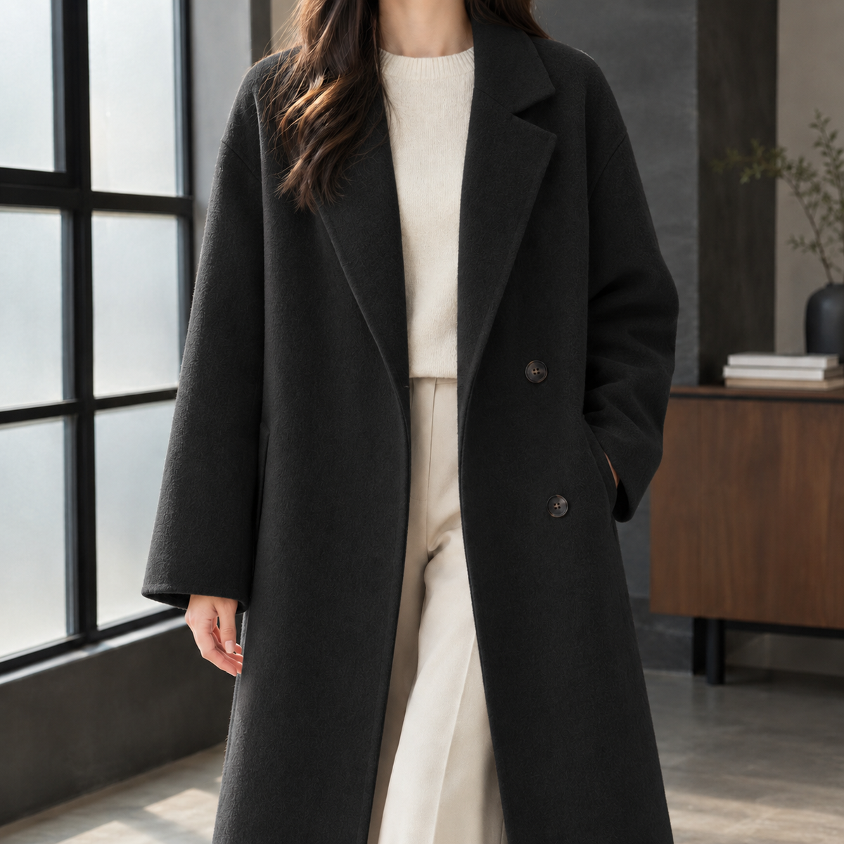 Coat Wool Blend Double-Breasted Long Loose with Notched Lapels
