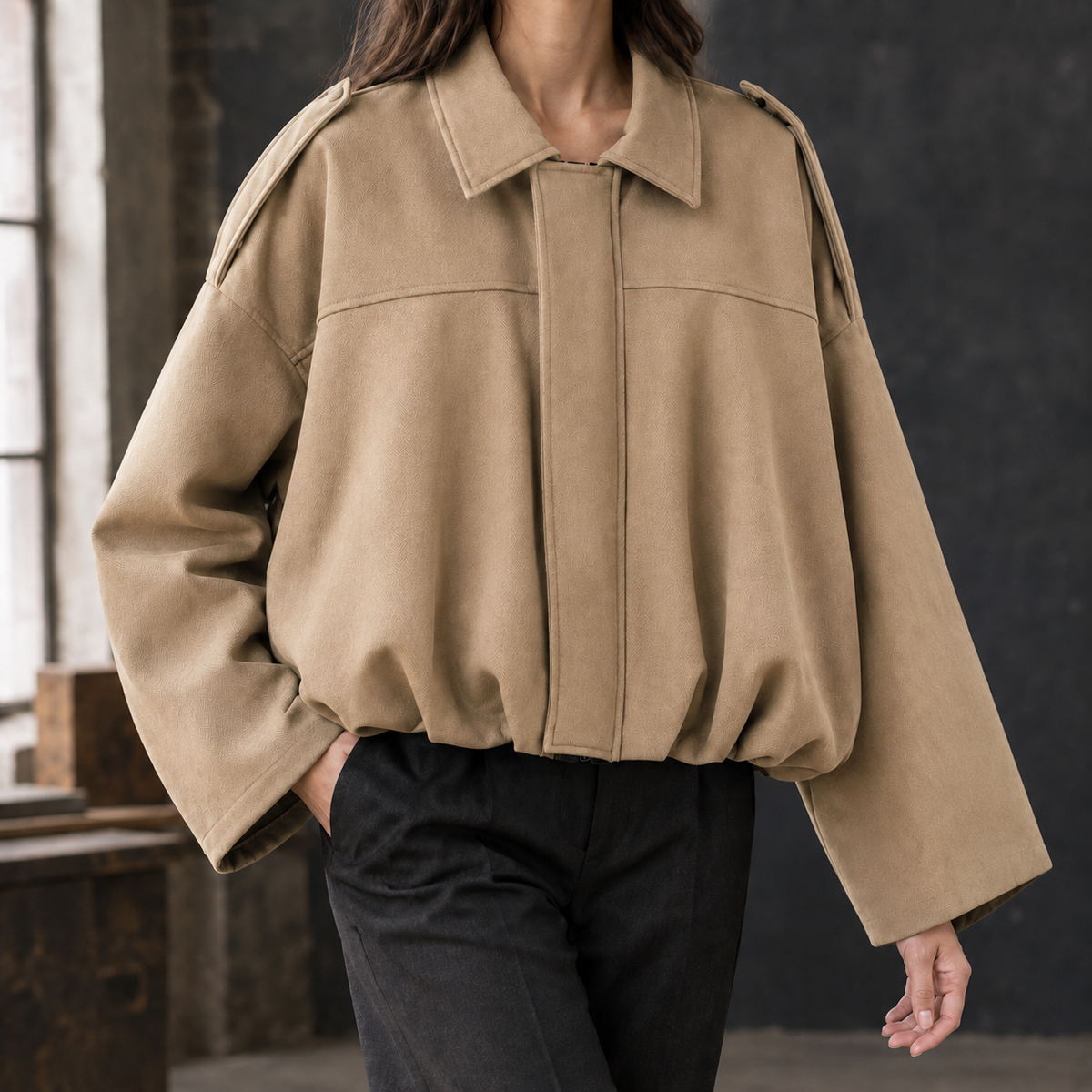Bomber Jacket Polyester Oversized Batwing with Concealed Zip
