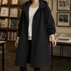 Hooded Coat Polyester Longline with Button Front and Side Pockets